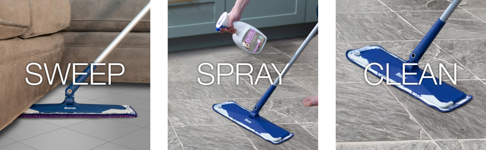 Image of Bona Microfiber Mop sweeping dust and debris from a tile floor. Image of Bona Pet System Hard-Surface Floor Deep Cleaner spraying directly onto tile floor.  Image of Bona Microfiber Mop cleaning dirt and pet messes from tile floor.