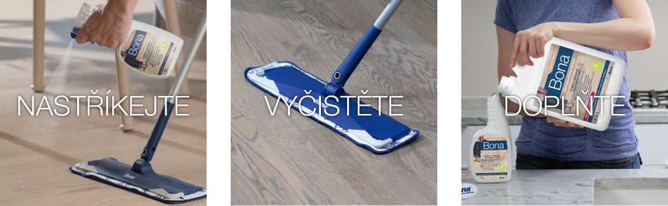 Image of Bona Oiled Wood Floor Cleaner being sprayed on an oiled wood floor, image of Bona Microfiber Mop cleaning an oiled wood floor, image of Bona spray bottle being refilled