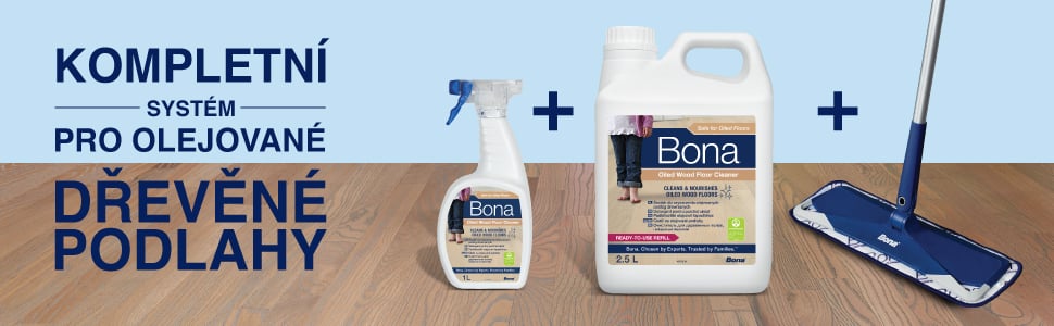 Image of the full Bona Oiled Wood Floor cleaning system which include a trigger bottle, refill bottle plus a microfiber mop 
