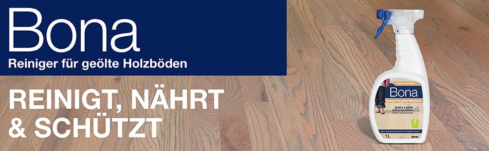 Abbildung von Bona Reiniger f&uuml;r ge&ouml;lte B&ouml;den Spr&uuml;hflasche auf einem ge&ouml;lten Holzboden