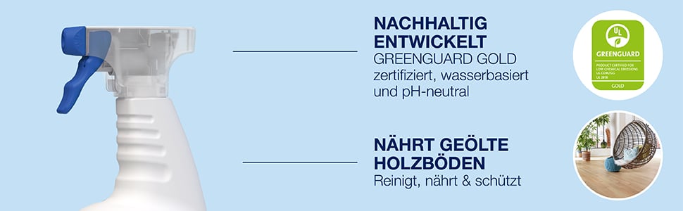 Bona Reiniger f&uuml;r ge&ouml;lte B&ouml;den ist nachhaltig entwickelt, wasserbasiert, GREENGUARD GOLD zertifiziert und verf&uuml;gt &uuml;ber einen pH-neutralen Wert; Bona Reiniger f&uuml;r ge&ouml;lte B&ouml;den ist mit pflanzlichen Inhaltsstoffen angereichert, um ge&ouml;lte Holzb&ouml;den zu pflegen