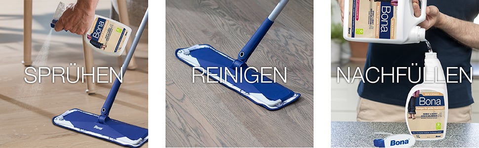 Abbildung von Bona Reinigers f&uuml;r ge&ouml;lte Holzb&ouml;den, der auf einen ge&ouml;lten Holzboden gespr&uuml;ht wird, Abbildung von Bona Microfiber Mop, der einenge&ouml;lten  Holzboden reinigt, Abbildung von Bona Spr&uuml;hflasche, die nachgef&uuml;llt wird