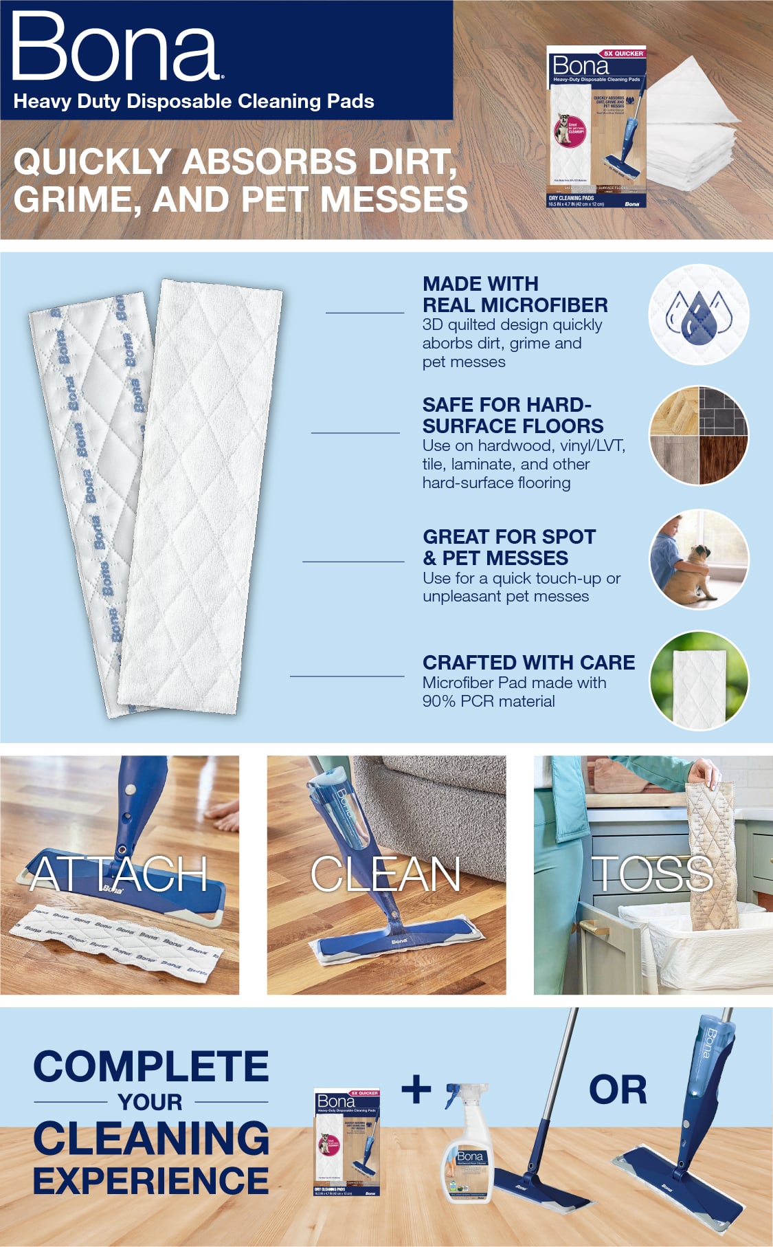 Bona Heavy Duty Disposable Cleaning Pads, made with sustainable materials, absorb dirt, grime, and pet messes.