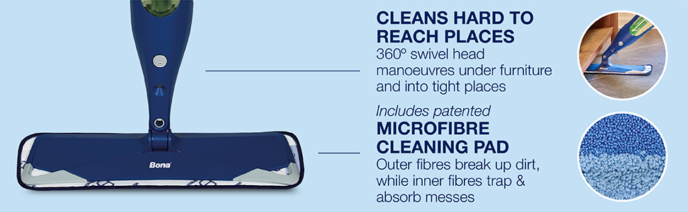 The Bona Spray Mop CLEANS HARD TO REACH PLACES with its 360&ordm; swivel head that manoeuvres under furniture and into tight places; Includes the patented Bona MICROFIBRE CLEANING PAD that includes dual fibre design to break up dirt, while trapping & absorbing messes