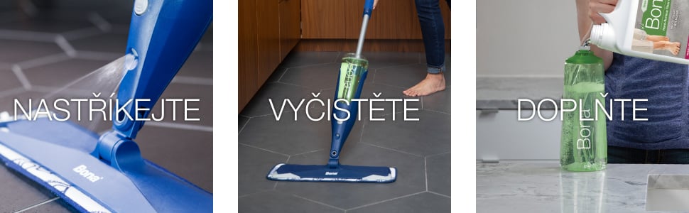 Image of Bona Spray Mop being sprayed on a tile floors, cleaning the tile floor and the spray mop bottle being refilled