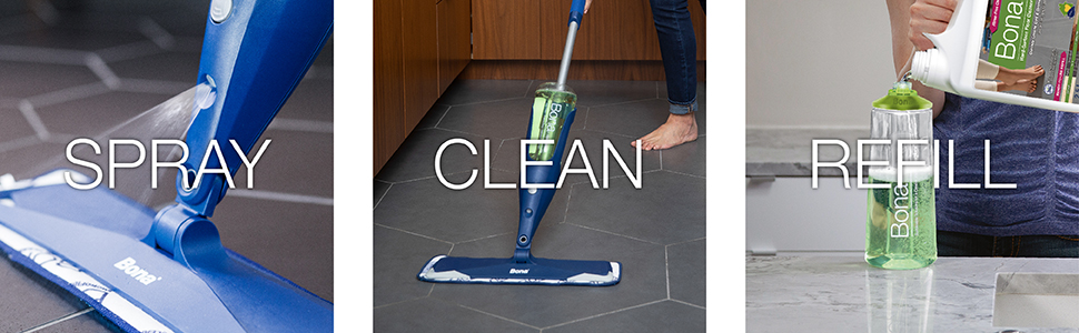 Image of Bona Spray Mop being sprayed on a tile floors, cleaning the tile floor and the spray mop bottle being refilled