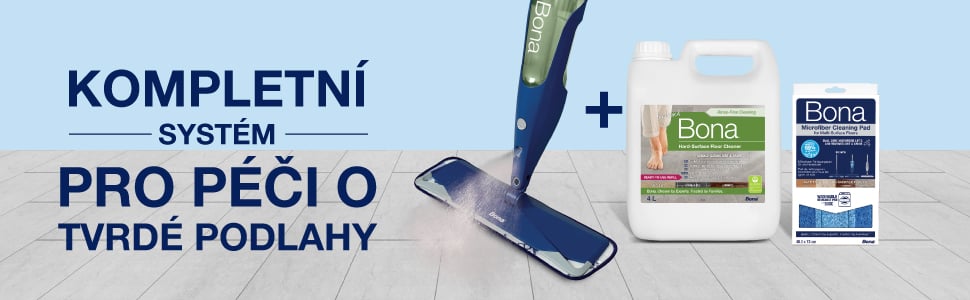Image of the full Bona Hard-Surface Floor cleaning system which include a spray mop, refill solution and microfiber pad