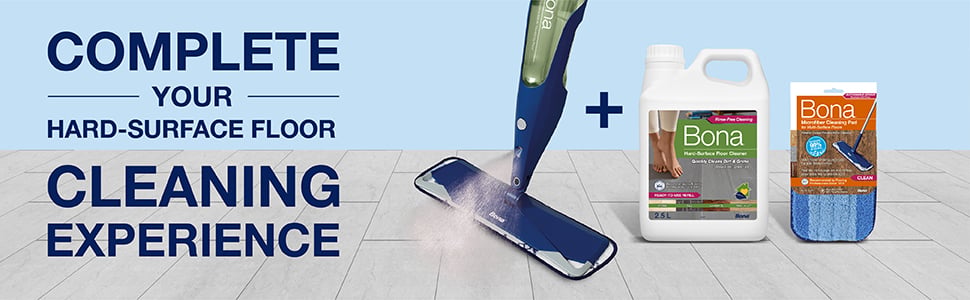 Image of the full Bona Hard-Surface Floor cleaning system which include a spray mop, refill solution and microfiber pad
