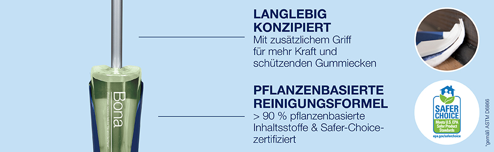 LANGLEBIG DESIGNED und hergestellt aus hochwertigen Materialien mit zweitem Griff für zusätzliche Leistung; Enthält Bona Hartboden-Reiniger, der nachhaltig entwickelt, wasserbasiert, GREENGUARD GOLD zertifiziert und pH-neutral ist
