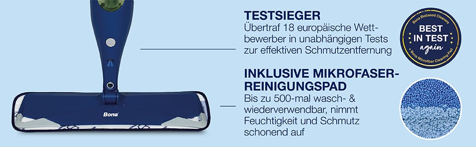 Der Bona Spray Mop REINIGT SCHWERT ZUGÄNGLICHE STELLEN mit seinem um 360º drehbaren Kopf, der sich unter Möbel und in enge Stellen bewegen kann; Enthält patentiertes MIKROFASER-REINIGUNGSPAD mit Zwei-Zonen-Reinigung zum Aufbrechen von Schmutz und zum Auffangen und Aufsaugen von Unreinheiten