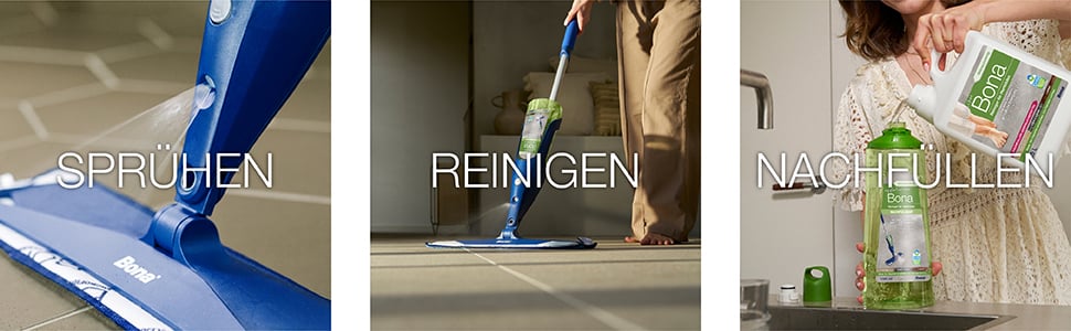 Abbildung des Bona Premium Spray Mop, der auf einen Fliesenboden sprüht, den Fliesenboden reinigt und eine Kartusche, die nachgefüllt wird