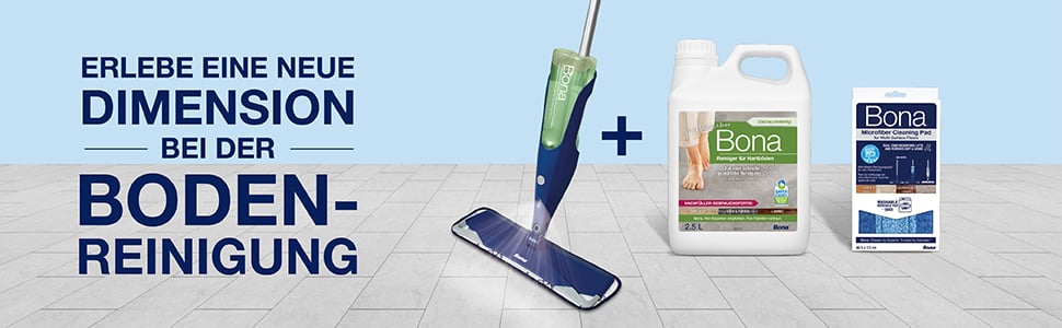 Abbildung des kompletten Bona-Hartbodenreinigungssystems, das einen Spray Mop, eine Nachfüllkartusche und ein Mikrofaserpad umfasst