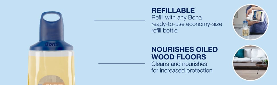 Image of Bona Premium Spray Mop Bottle being refilled with Bona Wood Floor Cleaner for oiled wood floors; Includes the Bona oiled wood floor cleaner which is enriched with plant based ingredients to nourish and protect the floor