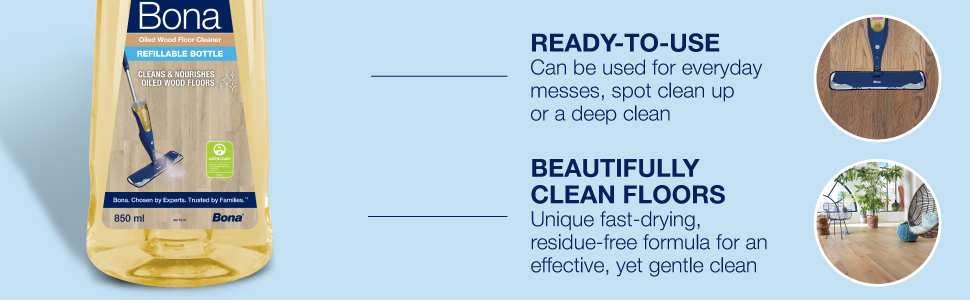 Image of Spray Mop cleaning the floor fast due to ready to use formula; Image of a beautifully cleaned floor due to the fast drying residue free  formula