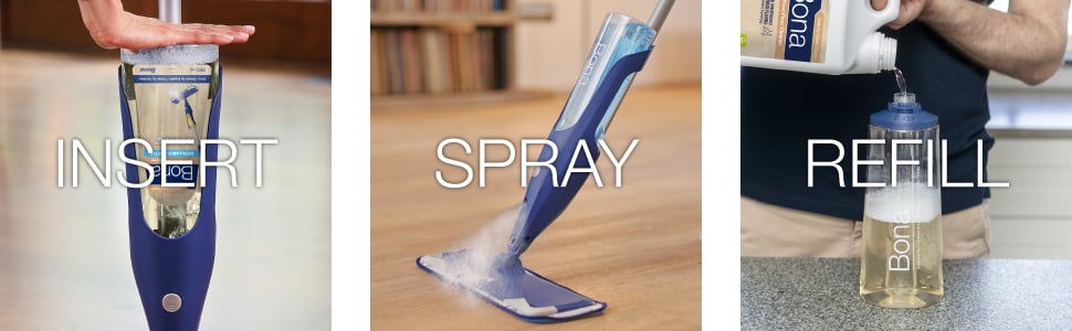 Image of Bona Spray Mop Bottle being inserted into Spray Mop, then being sprayed on the oiled wood floor and finally being refilled