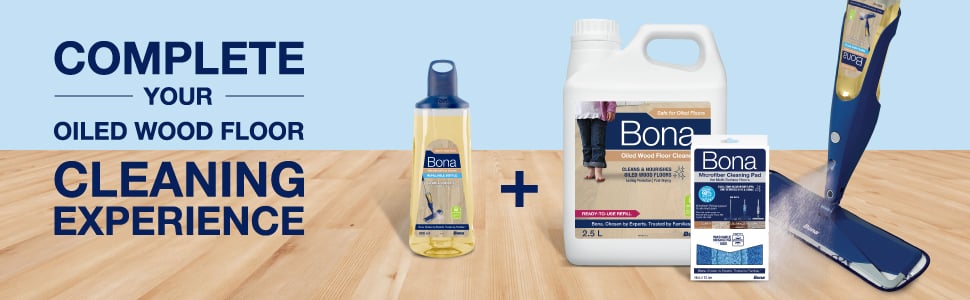 Image of the full Bona Oiled Wood Floor cleaning system which include a spray mop, refill solution and microfiber pad