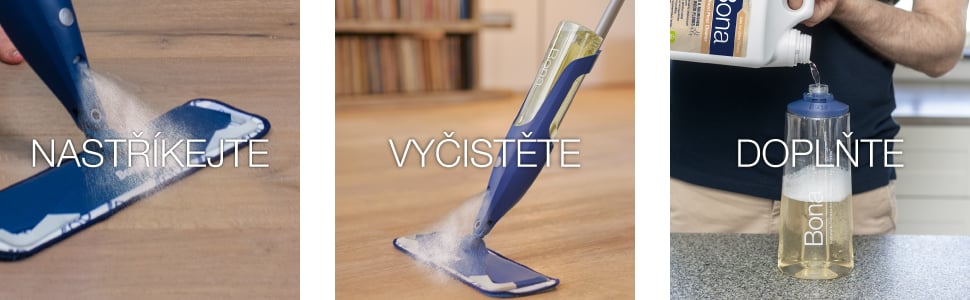 Image of Bona Spray Mop Bottle being inserted into Spray Mop, then being sprayed on the oiled wood floor and finally being refilled