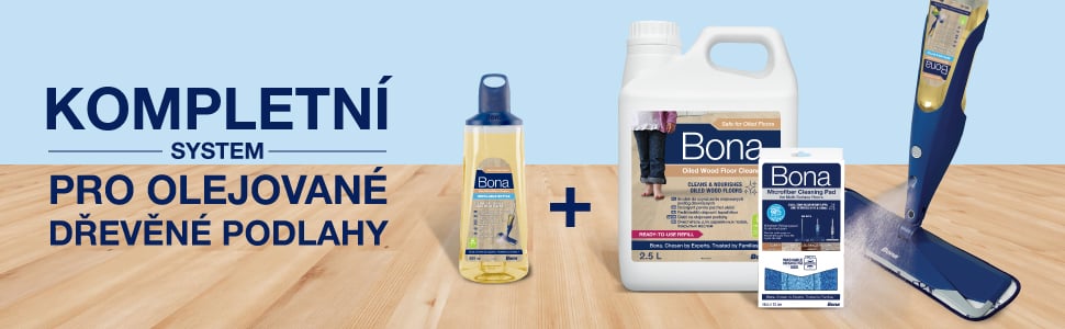 Image of the full Bona Oiled Wood Floor cleaning system which include a spray mop, refill solution and microfiber pad