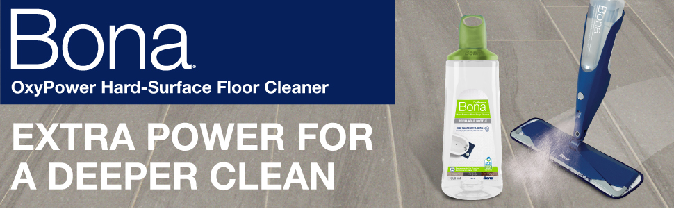 Image of Bona OxyPower Hard-Surface Floor Cleaner on a tile floor; Extra power for a deeper clean