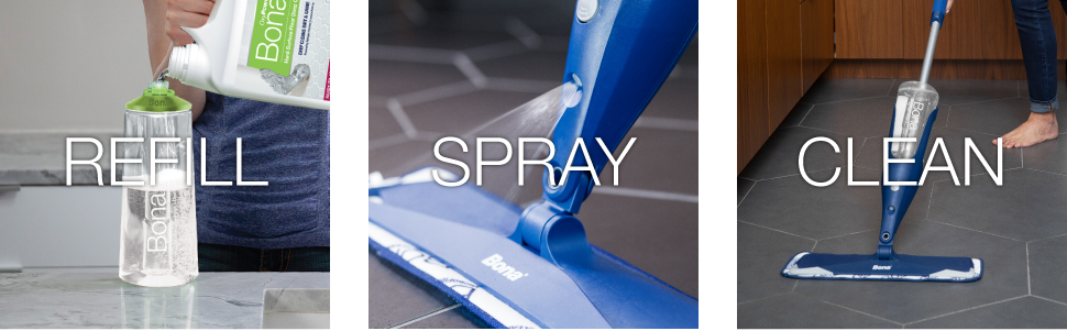 Image of refilling the spray mop bottle; Image of spraying the Bona Spray Mop on a tile floor; Image of cleaning the tile floor with a Bona Spray Mop