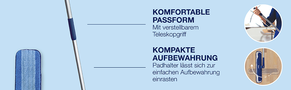 Abbildung des Teleskopgriffes, welcher sich auf deine bevorzugte Höhe für eine bequeme Passform verstellen lässt; Abbildung des Moppkopfes, der zur kompakten Aufbewahrung einrastet