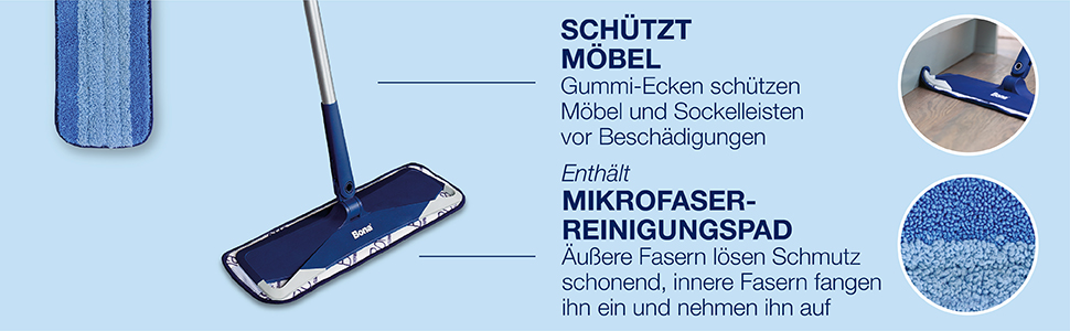 Der Bona Microfiber Mop REINIGT SCHWERT ZUGÄNGLICHE STELLEN mit seinem um 360º drehbaren Kopf, der sich unter Möbel und in enge Stellen bewegen kann; Enthält patentiertes MIKROFASER-REINIGUNGSPAD mit Zwei-Zonen-Reinigung zum Aufbrechen von Schmutz und zum Auffangen und Aufsaugen von Unreinheiten
