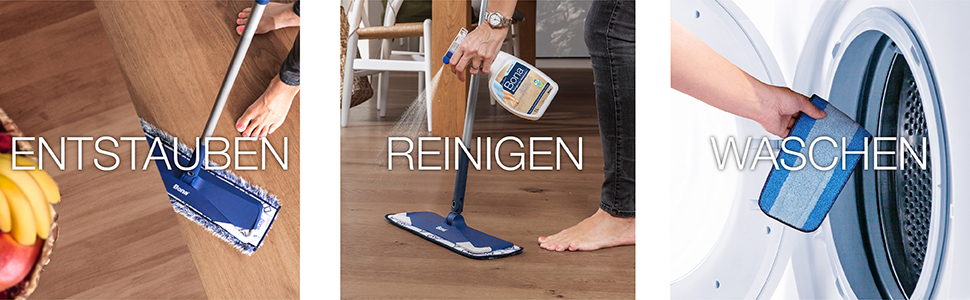Abbildung vom Bona Microfiber Mop, der einen Holzboden abstaubt, einen Holzboden mit einer Bona-Sprühflasche reinigt und für 500X gewaschen/wiederverwendet wird