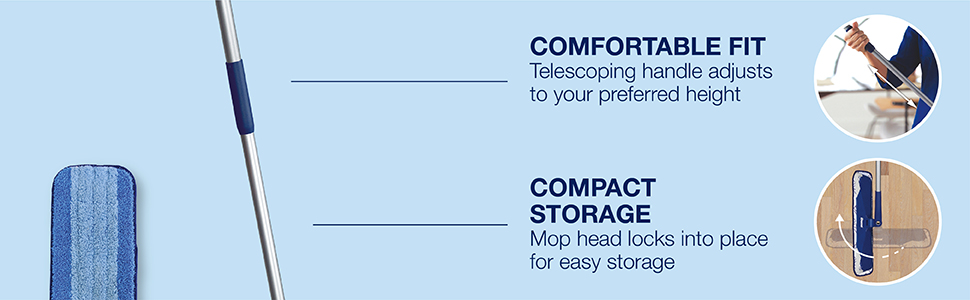 Image of Telescoping handle that adjusts to your preferred height for a comfortable fit; Image of Mop head that locks into place for compact storage