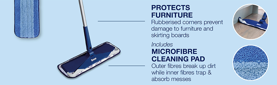 The Bona Microfiber Mop CLEANS HARD TO REACH PLACES with its 360º swivel head that manoeuvres under furniture and into tight places; Includes the patented Bona MICROFIBRE CLEANING PAD that includes dual fibre design to break up dirt, while trapping & absorbing messes