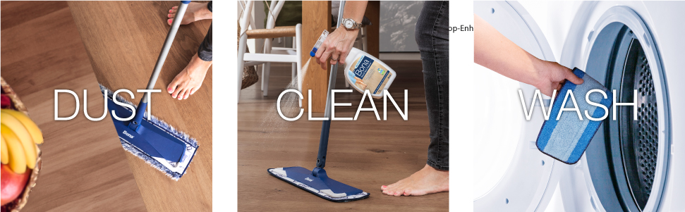 Image of Bona Microfiber mop dusting a wood floor, cleaning a wood floor with a Bona spray bottle being and being washed/reused for 500X