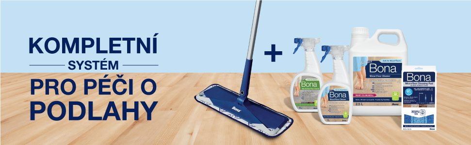 Image of the full Bona Floor cleaning system which include a microfiber mop, spray bottle in either wood or hard-surface version, a refill bottle and a microfiber pad