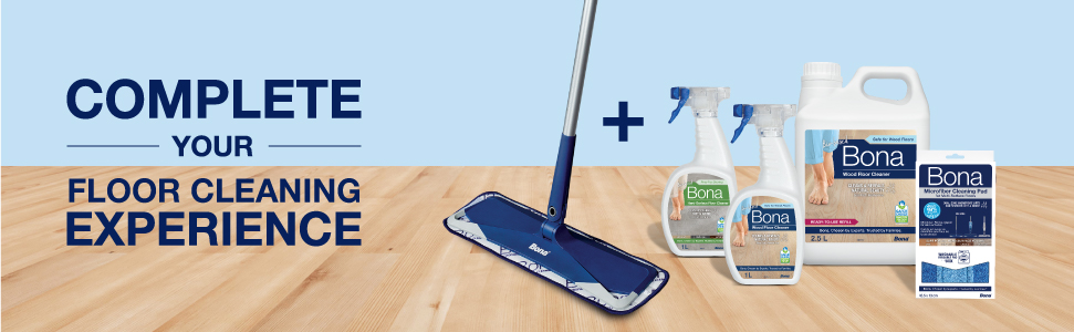 Image of the full Bona Floor cleaning system which include a microfiber mop, spray bottle in either wood or hard-surface version, a refill bottle and a microfiber pad