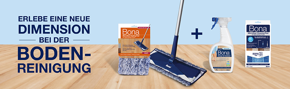 Erlebe eine neue Dimension bei der Bodenreinigung mit Bona Mikrofaser Pad, Bona Mikrofaser Mop; plus Bona Reinigungspad und Bona Holzboden Reinigern