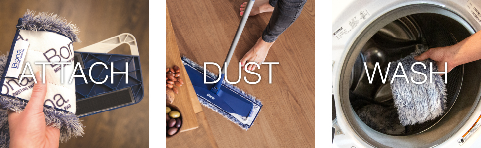 Image of attaching the microfibre pad to the mop; Image of dusting the floor with a Bona Microfiber Mop; Image of putting the pad in the wash