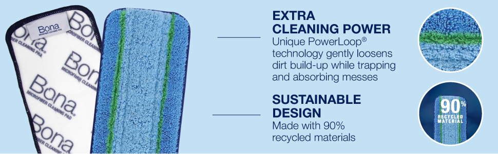 Patented PowerLoop technology looses heavy dirt buildup while trapping away messes; Sustainable design is made with 90% PCR material