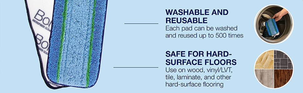 Washable and reusable 500 times; Safe for wood and hard-surface floors