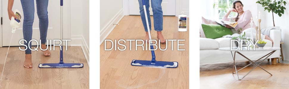 Image of squirting refresher on wood floor, image of distributing refresher on wood floor, image of women relaxing and letting wood floor dry for 1 hour