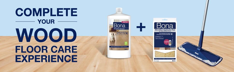 Complete your wood floor care experience with Bona Wood Floor Refresher, Bona Microfiber Applicator Pad and Bona Microfiber Mop 