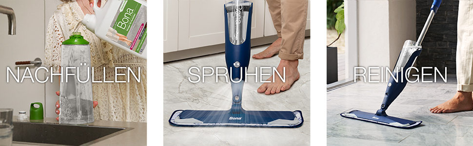 Abbildung der Bona Spray Mop Kartusche, welche nachgefüllt wird. Bona Spray Mop in Benutzung bei der Reinigung eines Fliesenbodens