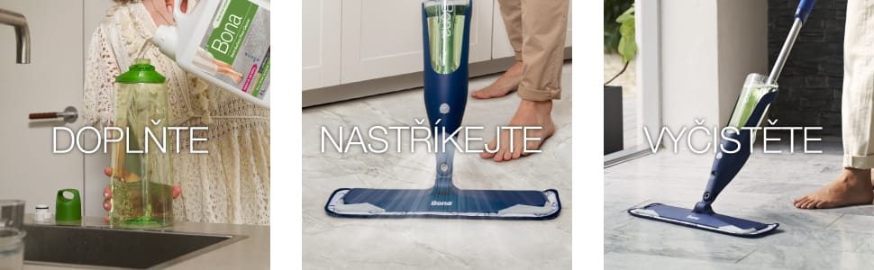Image of Bona spray mop bottle being refilled, Bona Spray Mop being used on a tile floor and cleaning the tile floor