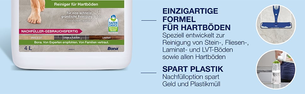 Der Bona Hartboden-Reiniger ist gebrauchsfertig für die tägliche Fleckenreinigung oder die wöchentliche Grundreinigung; Abbildung eines schön gereinigten Bodens dank der schnell trocknenden, rückstandsfreien Formel
