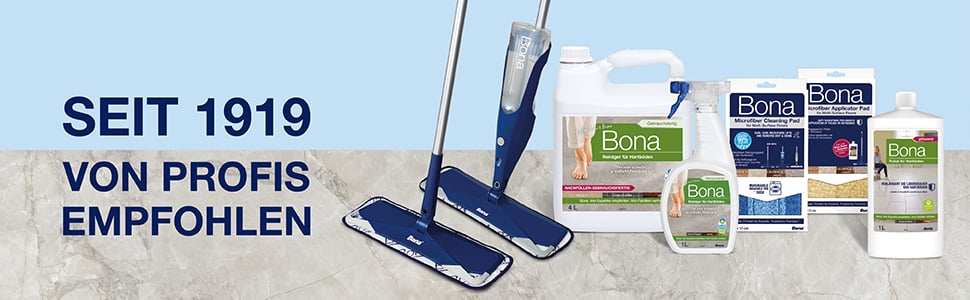 Abbildung des kompletten Bona-Hartbodenreinigungssystems, das eine nachfüllbare Kartusche, einen Spray Mop oder einen Mikrofasermopp und Sprühflasche umfasst