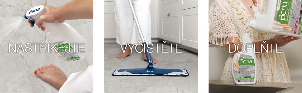 Image of Bona Hard-Surface Floor Cleaner being sprayed on a tile floor, image of Bona Microfiber Mop cleaning a tile floor, image of Bona spray bottle being refilled