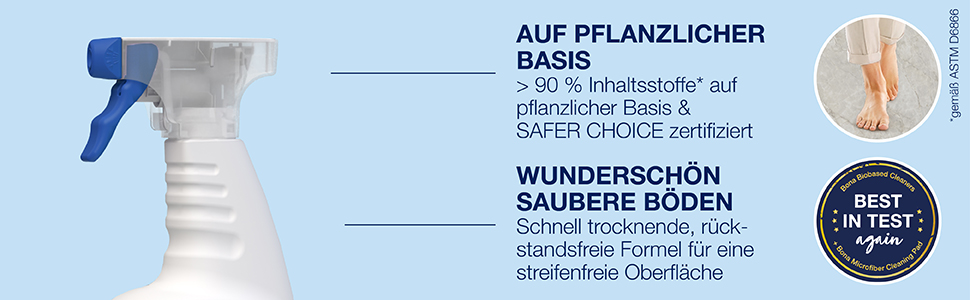 Bona Hartboden-Reiniger ist nachhaltig entwickelt, wasserbasiert, GREENGUARD GOLD zertifiziert und pH-neutral; Abbildung eines schön gereinigten Bodens dank der schnell trocknenden, rückstandsfreien Formel