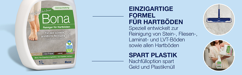 Abbildung eines Badezimmers mit Hartboden; Bona Reinigungsformel wurde speziell für die Reinigung von Stein-, Fliesen-, Laminat- und LVT-Böden entwickelt; Spare Geld durch Hartboden-Reiniger Nachfüllkanisternurch Nachfüllen der Sprühflasche mit Bona
