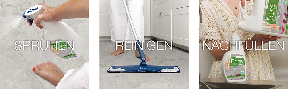 Abbildung von Bona Hartboden-Reiniger, der auf einen Fliesenboden gesprüht wird, Abbildung von Bona Microfiber Mop, der einen Fliesenboden reinigt, Abbildung von Bona Sprühflasche, die nachgefüllt wird