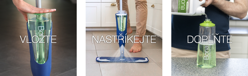 Image of Bona Spray Mop Bottle being inserted into Spray Mop, then being sprayed on a tile floor and finally being refilled