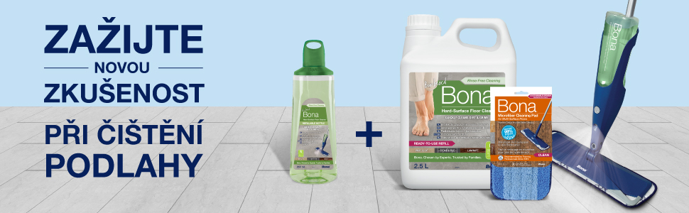 Image of the full Bona Hard Surface Floor cleaning system which include a spray mop, refill solution and microfiber pad