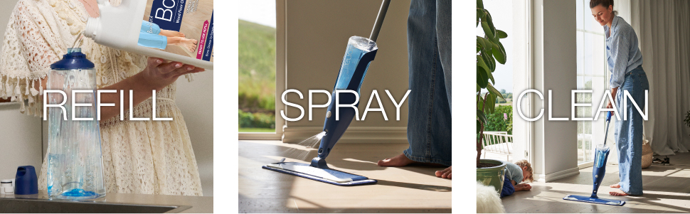 Bona Wood Floor Cleaner bottle being refilled. Bona Spray Mop cleaning a wood floor. Cleaning a floor with Bona Spray Mop.