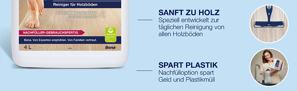 Der Bona Holzboden-Reiniger ist gebrauchsfertig für die tägliche Fleckenreinigung oder die wöchentliche Grundreinigung; Abbildung eines schön gereinigten Bodens dank der schnell trocknenden, rückstandsfreien Formel